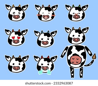 Collection of isolated sticker cows with different emotions. in vector.