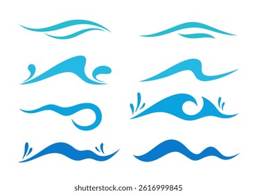 Collection of isolated stylized cartoon blue sea waves, splashes, vector illustration, flat design. Decorative current element, icon, water symbol for decoration, design, label. Icon Set