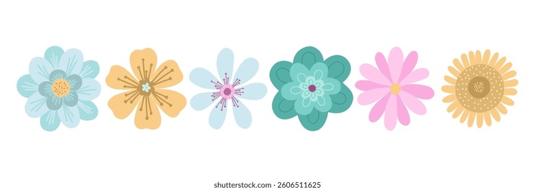 Collection of isolated stylized flowers without leaves in various pastel colors, including blue, yellow and pink. Perfect for decorative projects. Vector illustration
