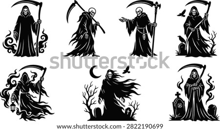 Collection of isolated stylized grim reaper illustrations in black silhouette suitable for thematic designs and editorial use.