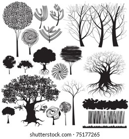 Collection of isolated stylized trees and other forest elements. Only some grunge shapes there created using tracing command, all other shapes are drawn manually.