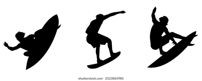Collection of isolated surfing silhouettes in different poses. High detail. Graphic resources.