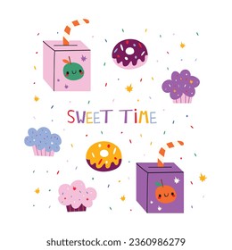 Kollektion von alleinstehenden Süßigkeiten und Getränken. Eine Reihe von Cupcakes, Donuts, Säfte in hellen Farben mit der Inschrift Sweet time auf weißem Hintergrund. Fröhliches Halloween