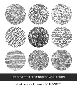 Collection isolated textures, brushes, graphics, design element. Handmade various unusual Elements of Design. Abstract background. Modernistic Art.
