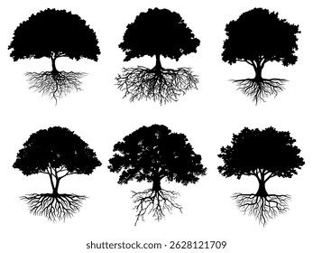 collection isolated tree and roots symbol or logo icon silhouette style on white background. Hand drawn isolated illustrations.