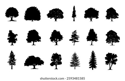 collection isolated tree Symbol silhouette style on white background. Hand drawn isolated illustrations.