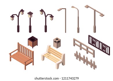 Collection isolated urban element of street environment for modern city. Concept set with fence, trashcan, bench, street light. Low poly. 3d vector isometric illustration.