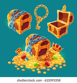 Collection of isolated vector cartoon illustrations of wooden chests with treasures of gold coins and jewels