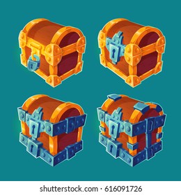Collection of isolated vector cartoon illustrations of wooden chests locked and bound iron. Can be used as elements of game design