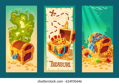 Collection of isolated vector cartoon vintage banners with wooden chests full of treasures, gold coins and jewelry on the background of a treasure map and on the seabed.