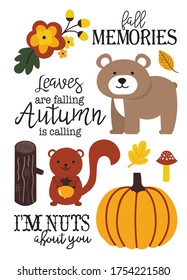 Colección de vectores aislados dibujos animados bonitos animales de otoño, letras y otros patrones de caída