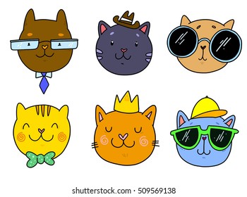Collection of isolated vector funny cat faces: business cat, cat in hat, bowtie, sunglasses, cat king in a crown.