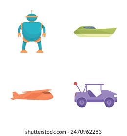 Collection of isolated vector icons featuring a robot, boat, airplane, and car