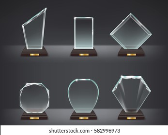 Collection of isolated vector illustration of modern glass trophies, prizes