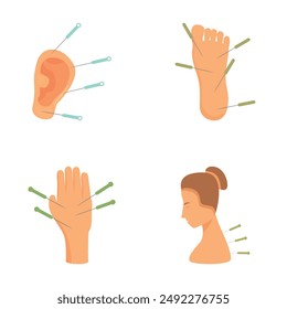 Collection of isolated vector illustrations depicting acupuncture points on body parts