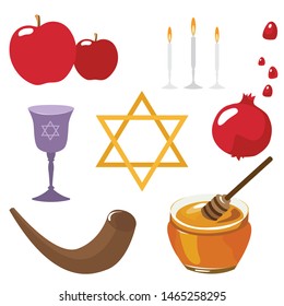 Collection of isolated vector illustrations of traditional jewish food and objects for Rosh Hashanah holiday. Religion. Design template. - Vector