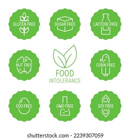 Colección de íconos vectoriales aislados para el diseño de envases de intolerancia alimentaria y alimentos dietéticos. Sin trigo. Gluten, sin azúcar, intolerante a la lactosa. Ilustración de la etiqueta de productos alimenticios