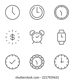 Collection of isolated vector line icons for web sites, adverts, articles, stores, shops. Editable strokes. Signs of clocks, wristwatch, alarm clock, dollar inside of clock 