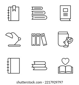 Collection of isolated vector line icons for web sites, adverts, articles, stores, shops. Editable strokes. Signs of books, table lamp, diary, education, love story 