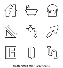 Collection of isolated vector line icons for web sites, adverts, articles, stores, shops. Editable strokes. Signs of house, bath, dye, liner, faucet, trowel, window, door, pipe