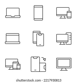 Collection of isolated vector line icons for web sites, adverts, articles, stores, shops. Editable strokes. Signs of laptop, phone, computer, auto turn, tablet 