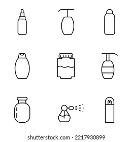 Collection of isolated vector line icons for web sites, adverts, articles, stores, shops. Editable strokes. Signs of bottles of perfume, liquid soap, foam, shampoo, shower gel 