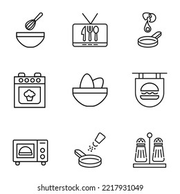 Collection of isolated vector line icons for web sites, adverts, articles, stores, shops. Editable strokes. Signs of mixer, culinary show, omelet, cake, eggs, burger, microwave 