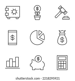 Colección de iconos aislados de línea vectorial para sitios web, anuncios, artículos, tiendas, tiendas. trazos editables. Señales de seguridad, árbol de dinero, martillo, dólar, gráfico circular, progreso, calculadora 