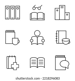 Collection of isolated vector line icons for web sites, adverts, articles, stores, shops. Editable strokes. Signs of stack of documents, reader, cup by book, first aid, speech bubble by book 