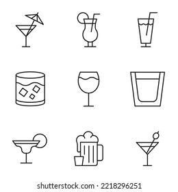 Collection of isolated vector line icons for web sites, adverts, articles, stores, shops. Editable strokes. Signs of cocktail, wine, beer, beech and holiday 