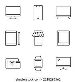Collection of isolated vector line icons for web sites, adverts, articles, stores, shops. Editable strokes. Signs of computer, smartphone, tablet, store, tv set, wristwatch 