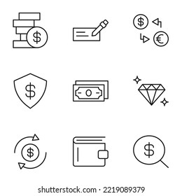 Collection of isolated vector line icons for web sites, adverts, articles, stores, shops. Editable strokes. Signs of money, business card, exchange, diamond, armor, wallet, loupe