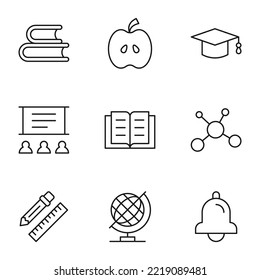 Collection of isolated vector line icons for web sites, adverts, articles, stores, shops. Editable strokes. Signs of books, apple, academic square cap, auditorium, lesson 