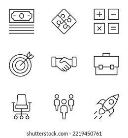 Collection of isolated vector line icons for web sites, adverts, articles, stores, shops. Editable strokes. Signs of money, puzzle, calculator, target, handshaking, suitcase, office chair 