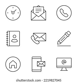 Collection of isolated vector line icons for web sites, adverts, articles, stores, shops. Editable strokes. Signs of clock, post, phone, contact, book, write, house, envelope 