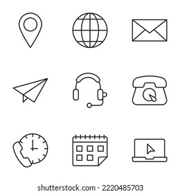 Collection of isolated vector line icons for web sites, adverts, articles, stores, shops. Editable strokes. Signs of geotag, globe, envelop, post, headphone, contact us, calendar 