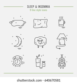 Collection of isolated vector line icons with sleep problems and insomnia symbols.