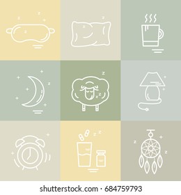 Collection of isolated vector line icons with sleep problems and insomnia symbols.