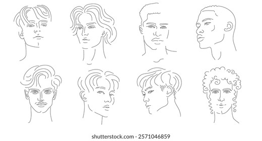 Collection of isolated vector line-drawn male portraits featuring diverse ethnic backgrounds, including East Asian, South Asian, Middle Eastern, African, European, and Mediterranean features