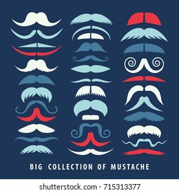 Collection of isolated vector mustaches. Variously shaped white, red, light blue and dark blue mustaches on dark blue background.