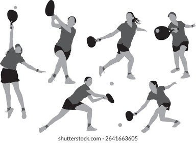 A collection of isolated vector silhouette action poses of women playing padel, and hitting the ball
