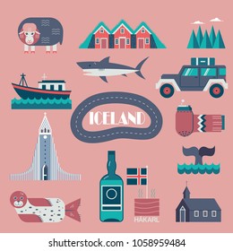 Collection of isolated vector symbols and landmarks of Iceland. Vector colored set.