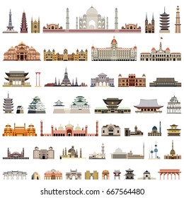 collection of isolated vector temples, towers, cathedrals, pagodas, mausoleums. ancient buildings and other architectural monuments