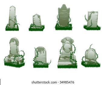 Collection of isolated vector tombstones with ivy and grass