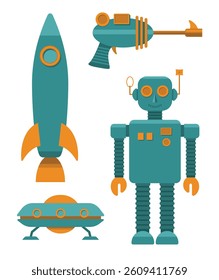A collection of isolated vector vintage science fiction childrens' toys in blue and orange colors.