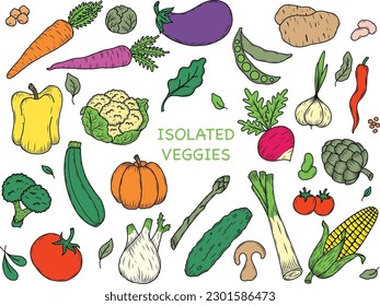 A collection of isolated vegetables with black outlines and flat color filling