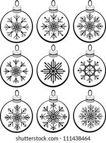 Collection of Isolated White Christmas Balls with Black Snowflakes on White Background, Vector Clip-Art Illustration