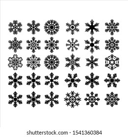 Collection of isolated winter black snow against a white background. Snowflake icon. Collection of snowflakes for Christmas and New Year card banner designs.
