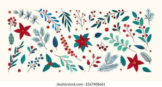 Collection of isolated winter plants, flowers and berries with textures on white backdrop for festive decoration Christmas card, poster, background, invitation. Green leaves, fir, ilex and poinsettia