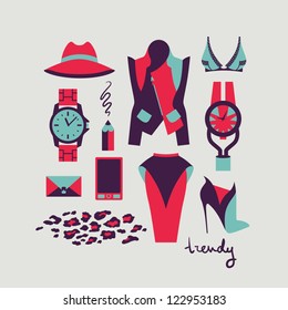 collection of isolated woman clothes and accessories in fashionable trendy style vector illustration eps 10